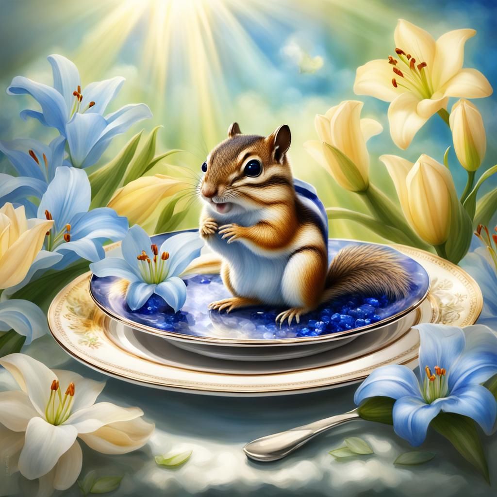 Chipmunk on Sapphire Plate with Lilies
