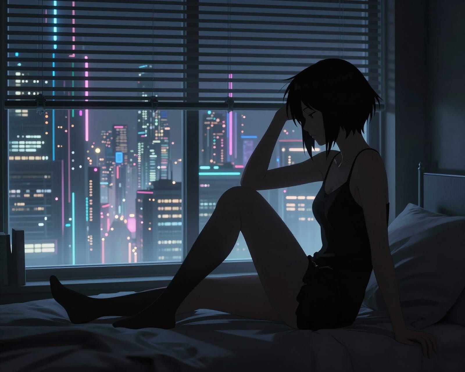 Cyberpunk Bedroom Overlooking Neon City at Night