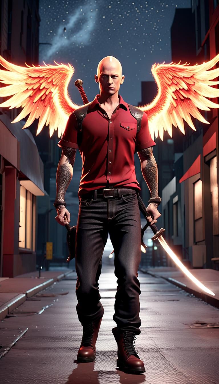 Man with Angel Wings and Katana in Cityscape