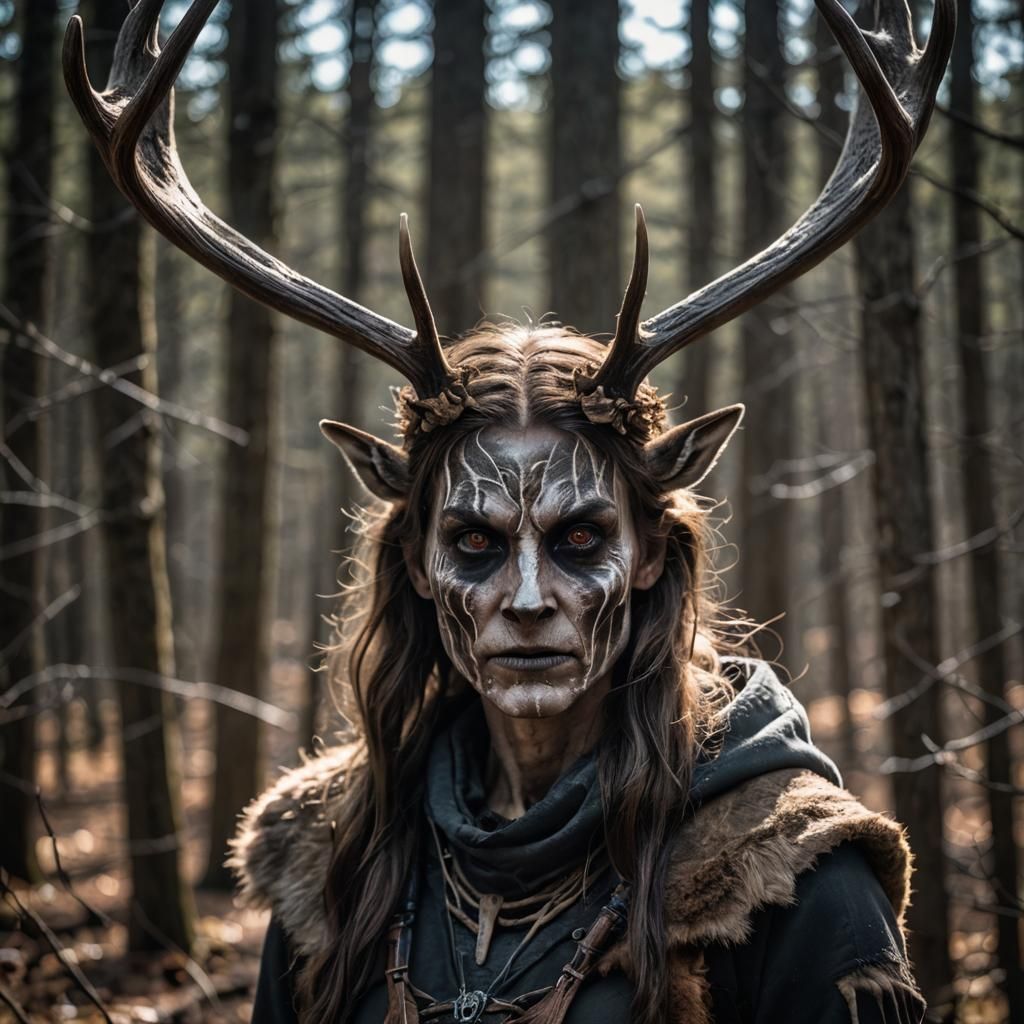 Female Wendigo Portrait with Large Antlers