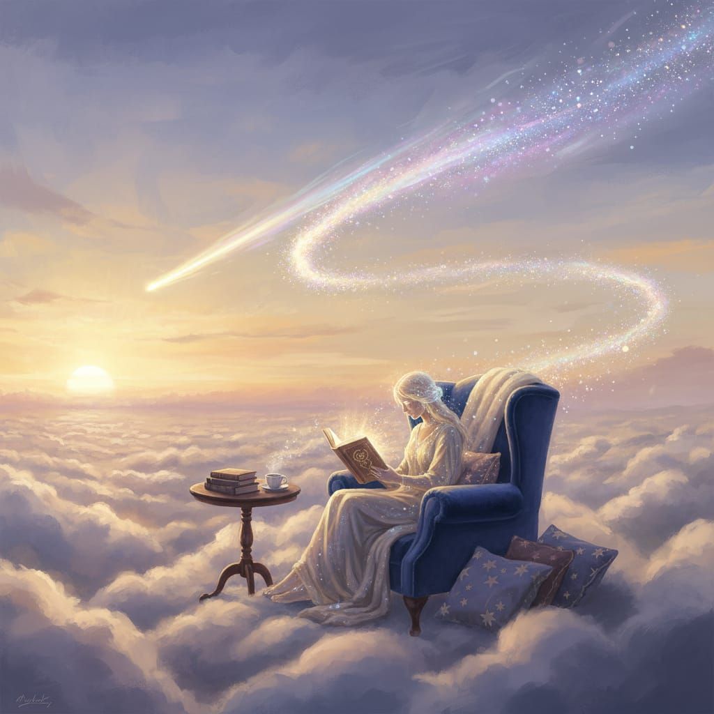 Ethereal Reading Nook Under Shooting Star Sky