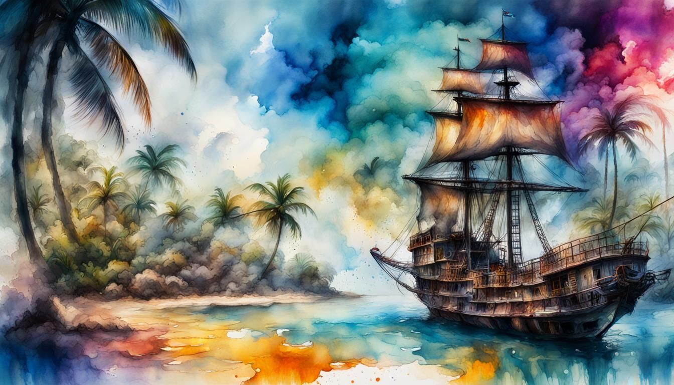 Caribbean Island Oasis with Pirate Ship in Watercolor