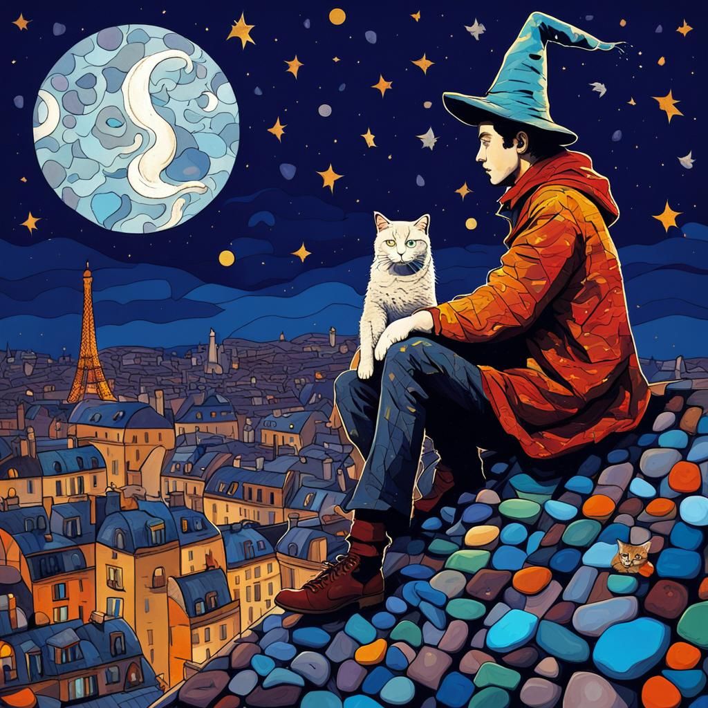 Moonlit Rooftop Scene with Wizard and Cat