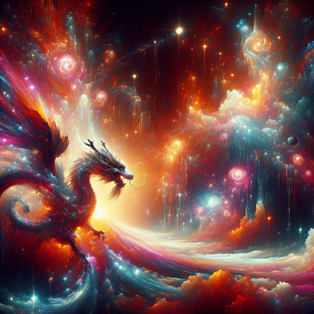 Celestial Dragon Roaring Galaxies in Retrofuturist Style