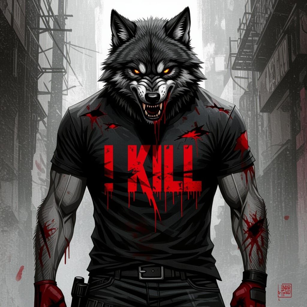 Gritty Noir Humanoid Wolf with Bloody T-Shirt
