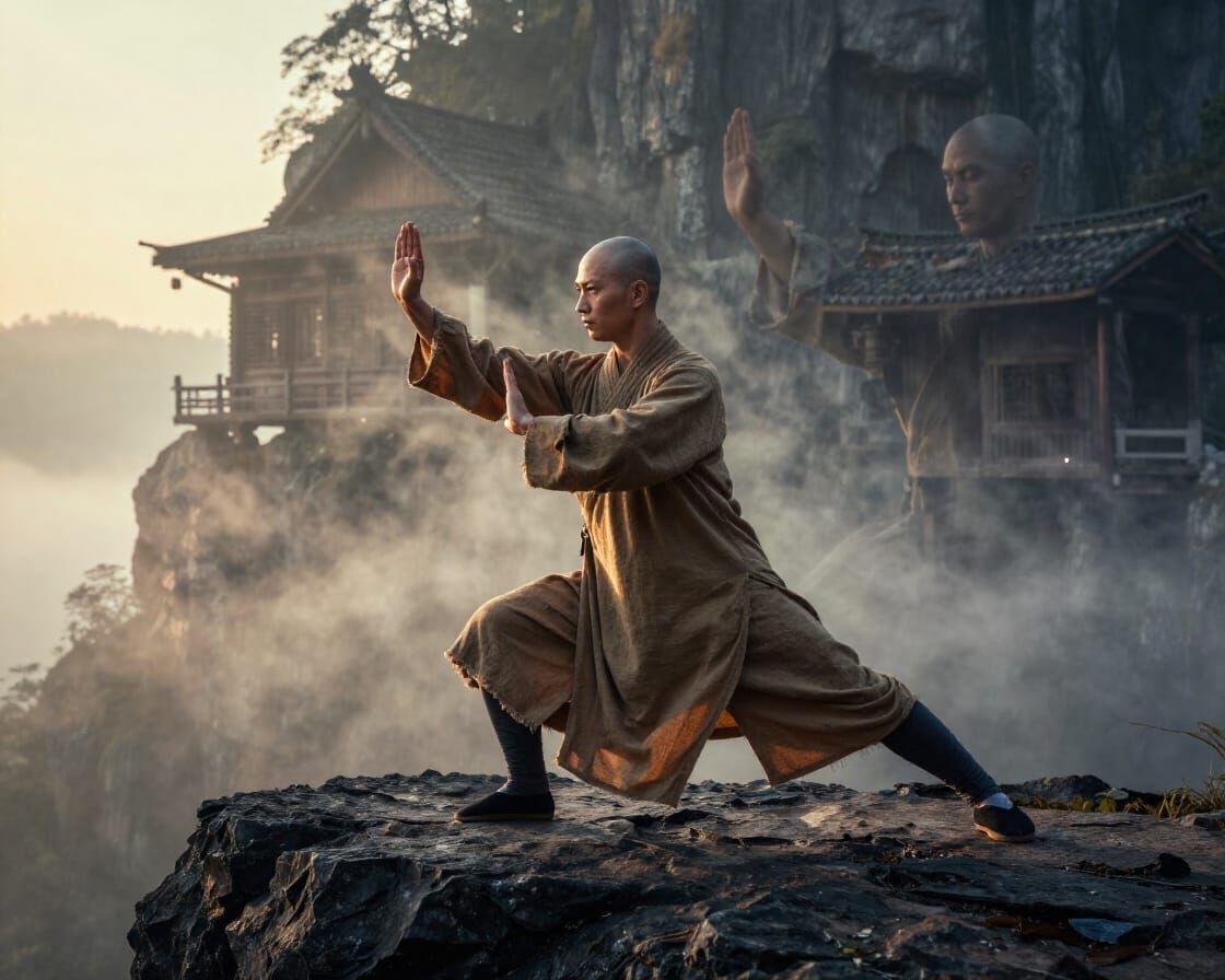 Bald Monk Tai Chi Pose at Sunrise, Double Exposure Style