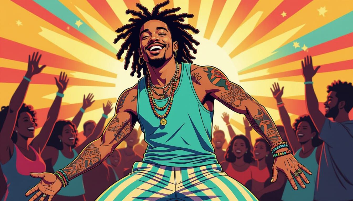 Joyful Young Man with Tattoos in Comic Book Style