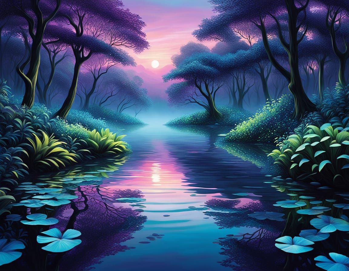 Kaleidoscopic Twilight Landscape in Surreal Digital Art