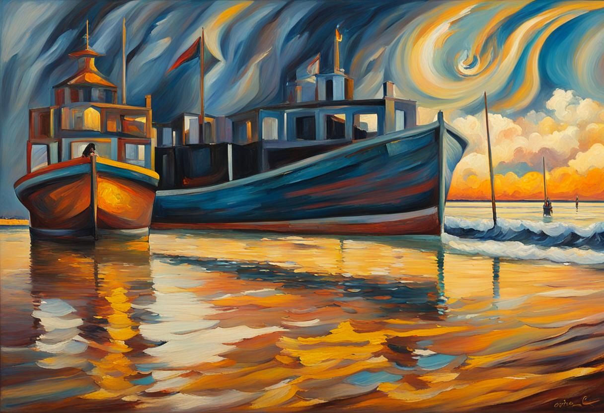 Woman on Beach Under Dramatic Sky in Expressionist Style