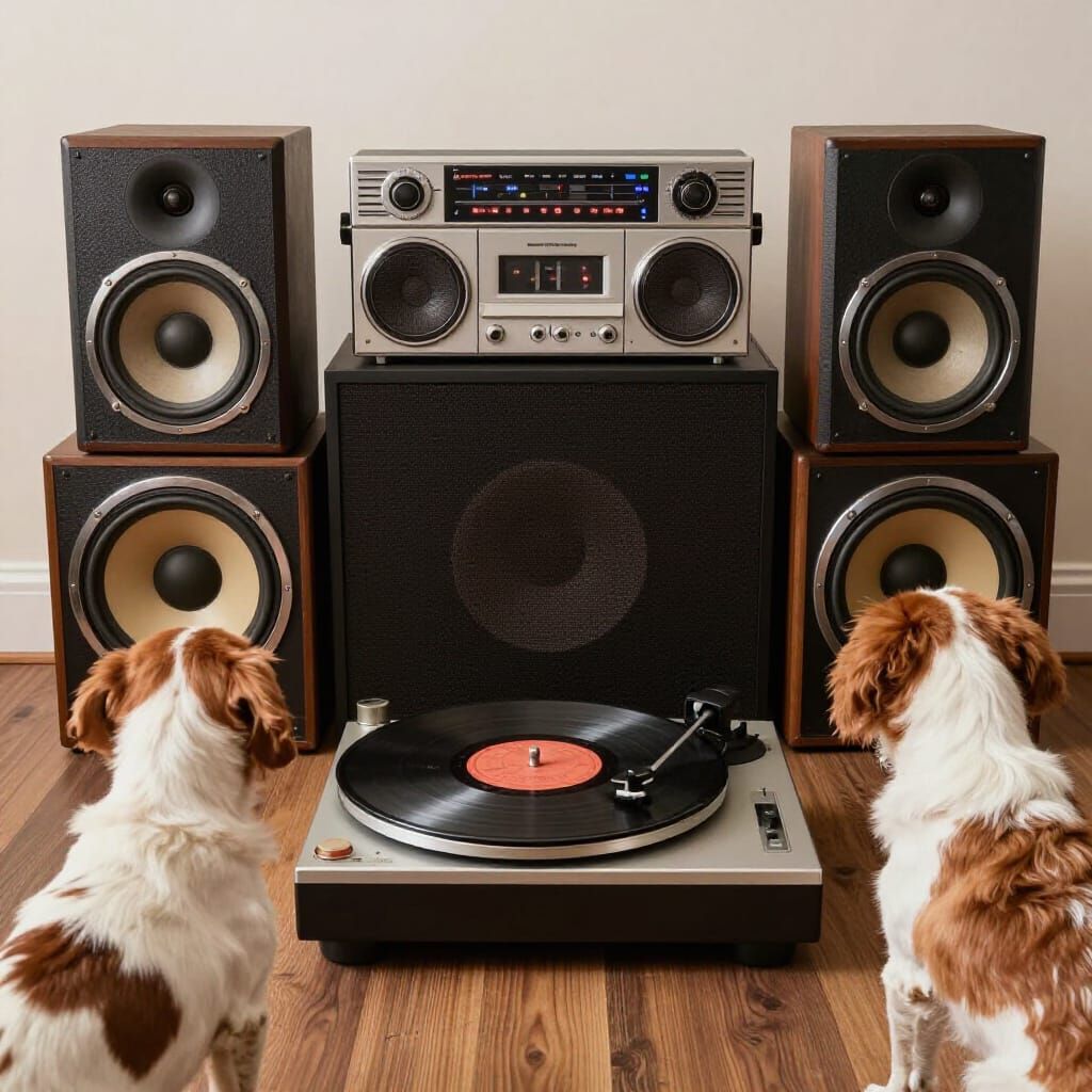 Dogs Enjoying Music With Vintage Stereo System