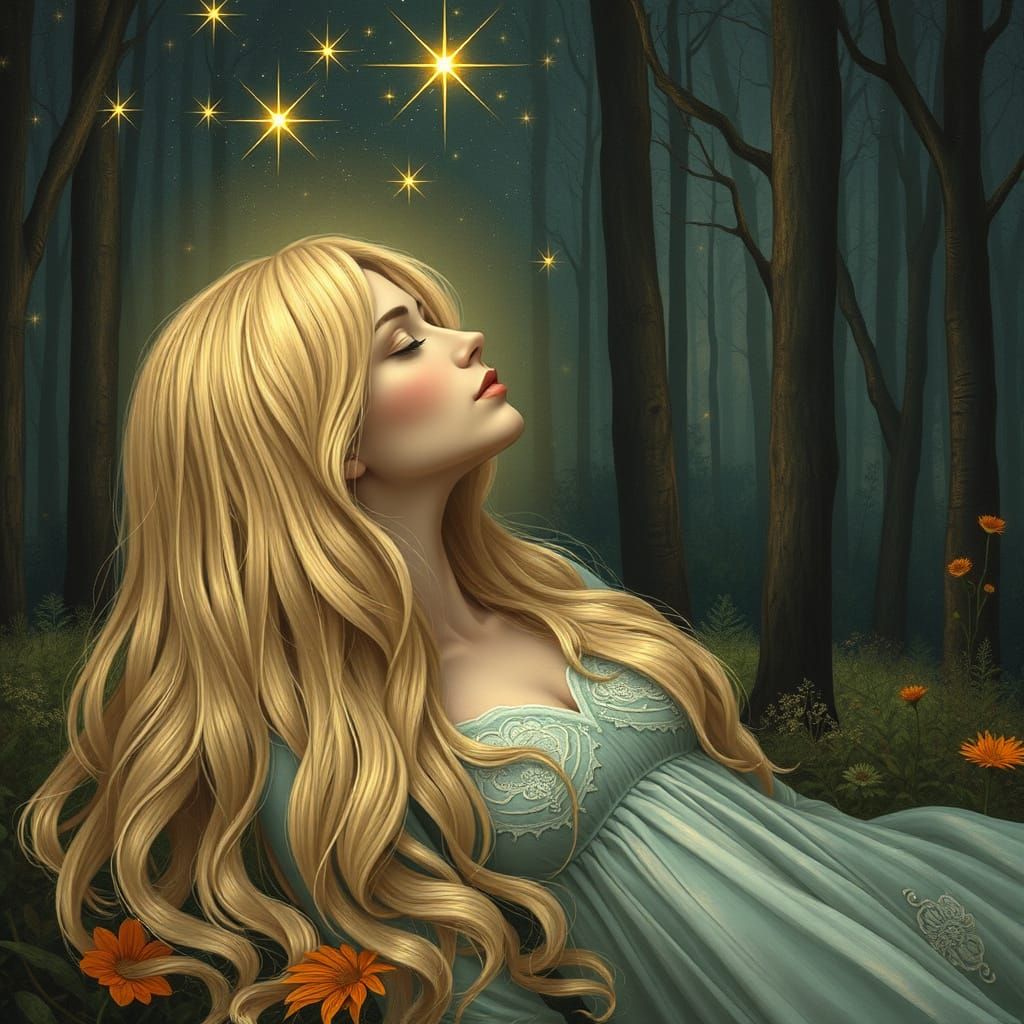 Serene Woman Under Starry Night Sky with Vibrant, Glowing Fo...