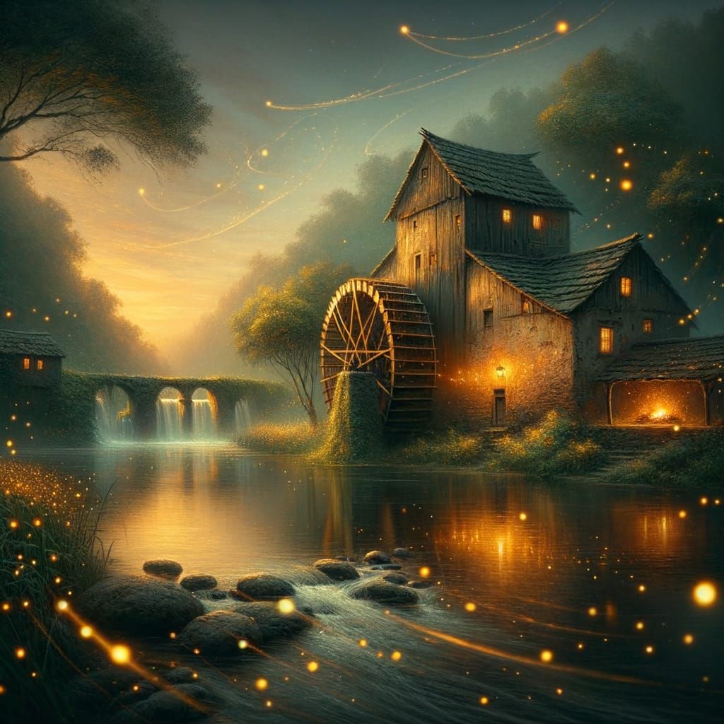 Tranquil Watermill at Twilight with Fireflies and Embers