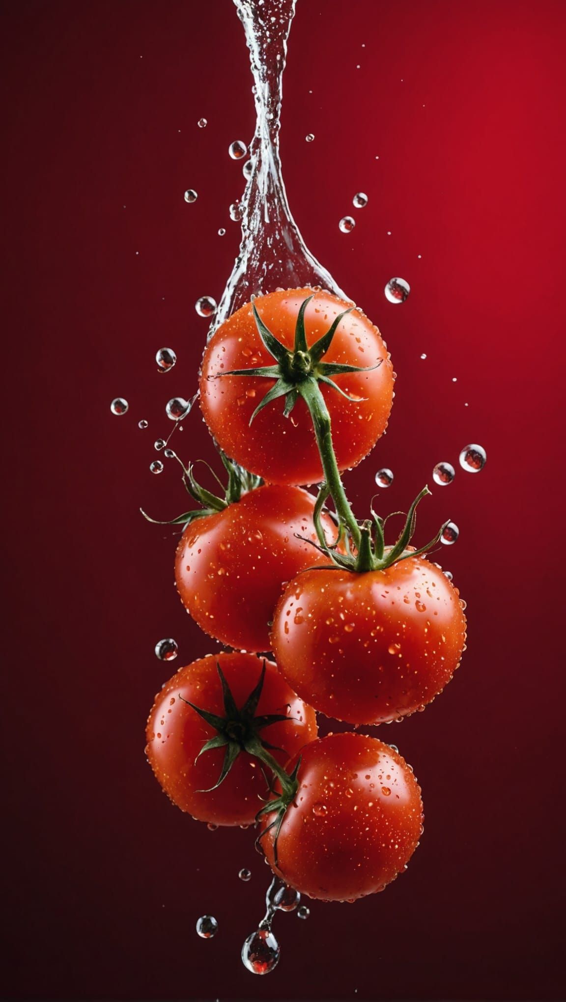 Hyperrealistic Tomatoes Falling in Water on Red