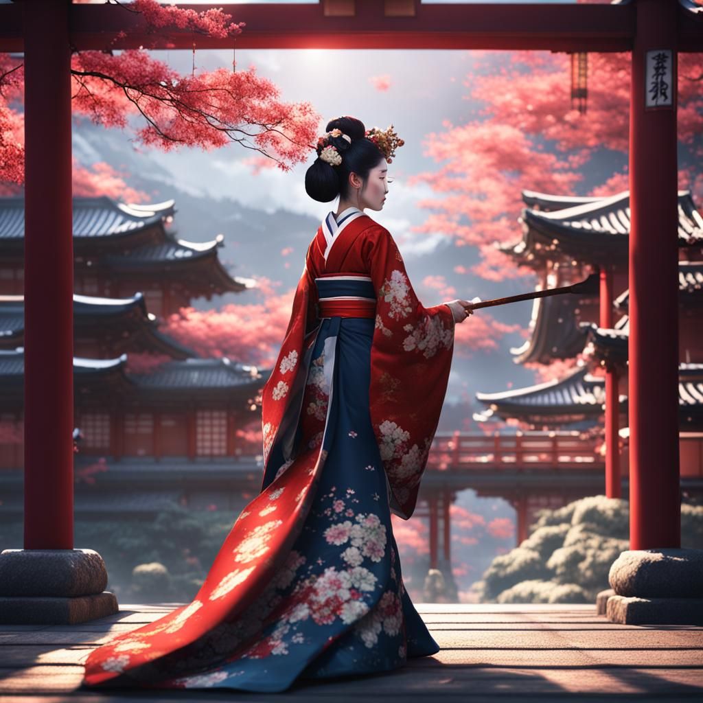 Japanese Girl Kissing Geisha: Detailed Matte Painting