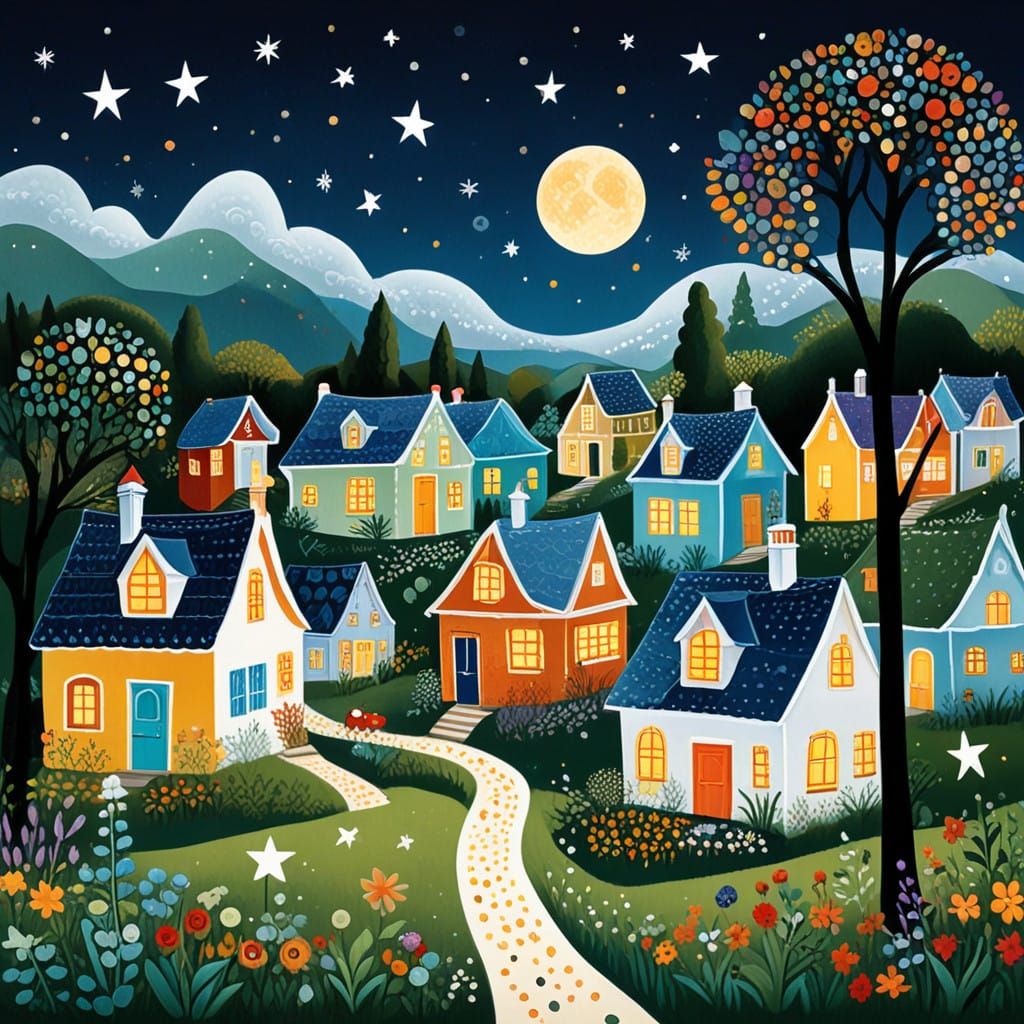 Whimsical Folk Art Village at Night Captured in Bright Color...
