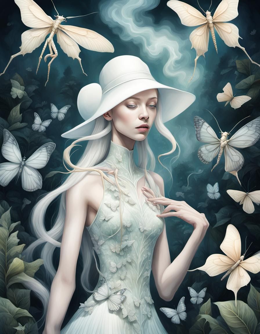 Mystical Forest Encounter: Girl and Albino Praying Mantis