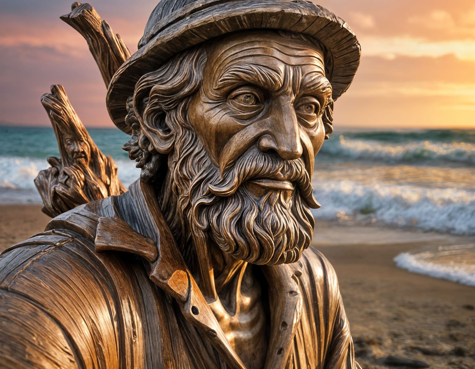 Wooden Fisherman Statue on North Sea Beach