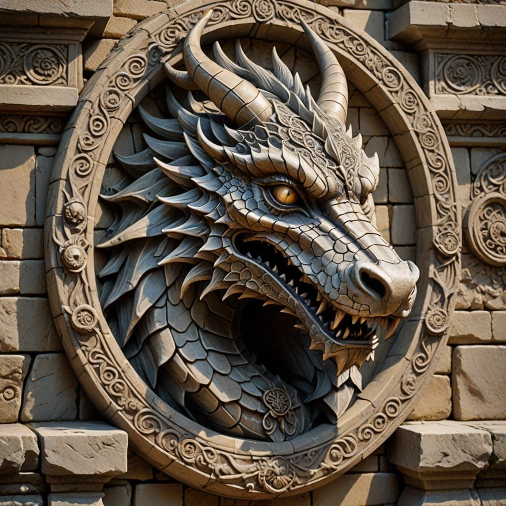 Ancient Dragon Bas Relief in Warm Golden Light
