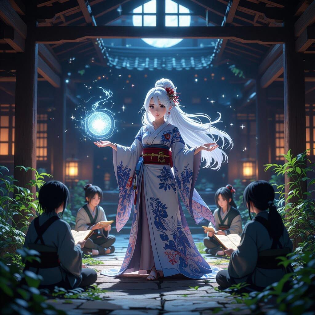 Anime Witch Teaches Apprentices in Moonlit Temple