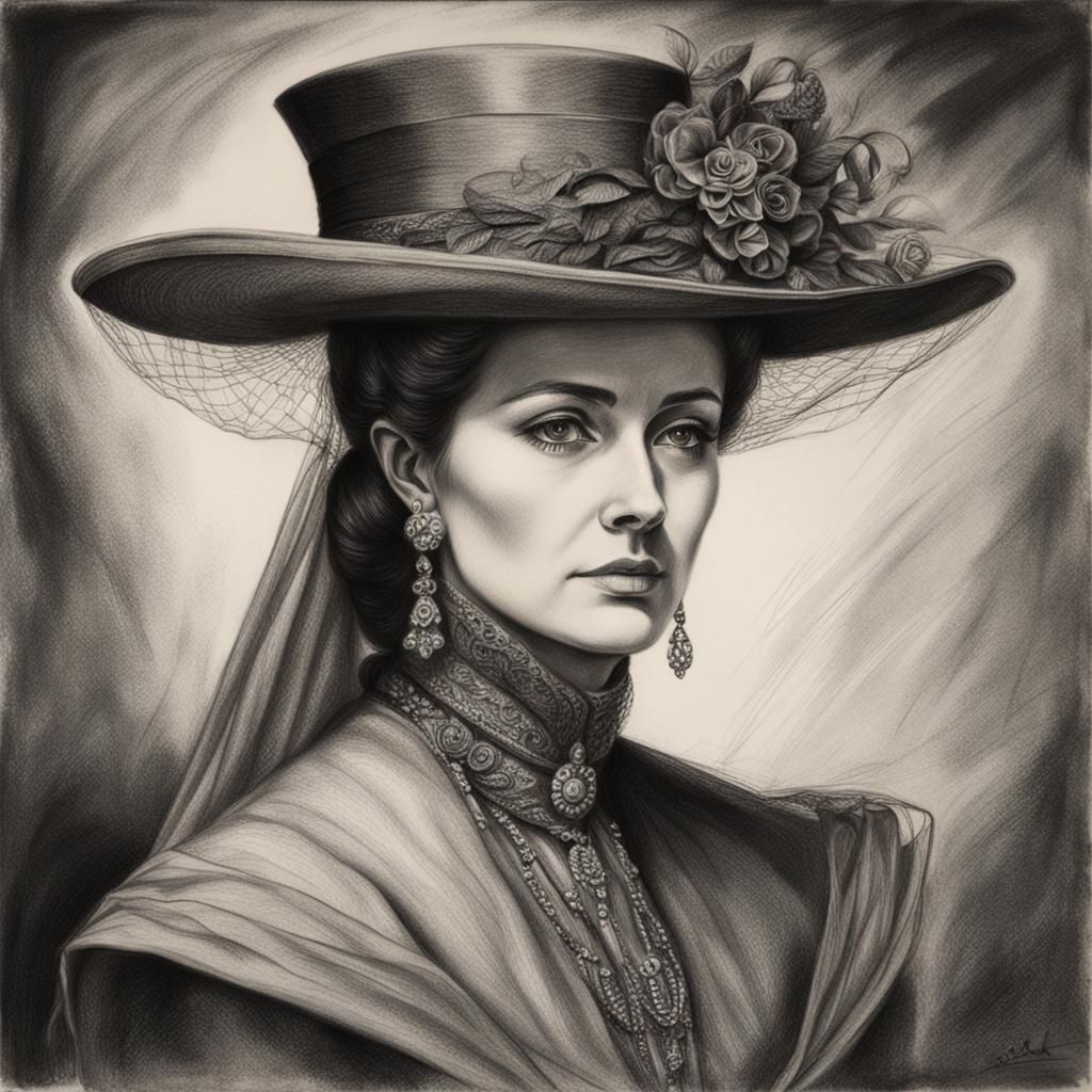 Aristocratic Lady in Charcoal Drawing