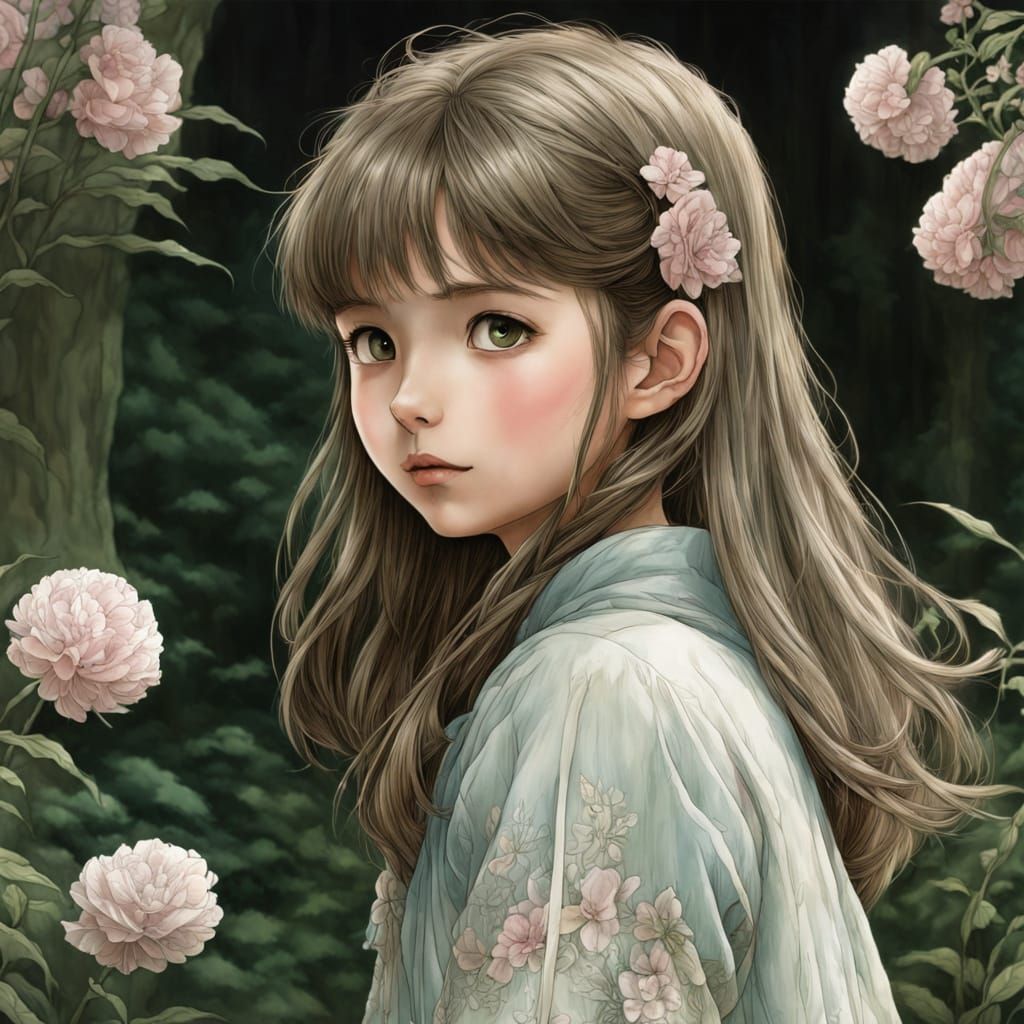 Shy Girl Among Flowers in Ghibli Style