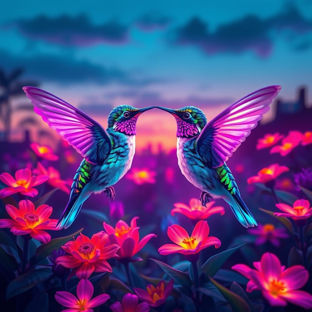 Hummingbirds Meet in Neon Garden at Dusk