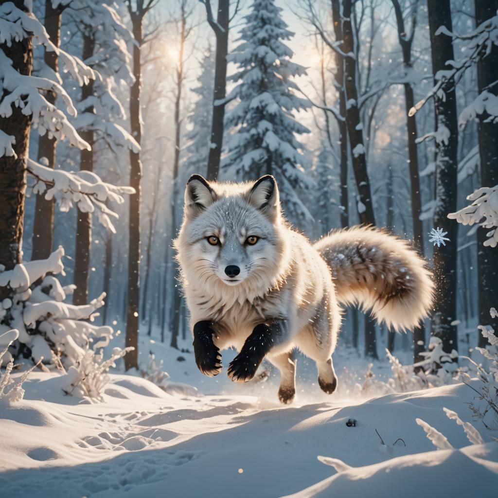 Arctic Fox Leaping in Snowy Forest: Fantasy Concept Art