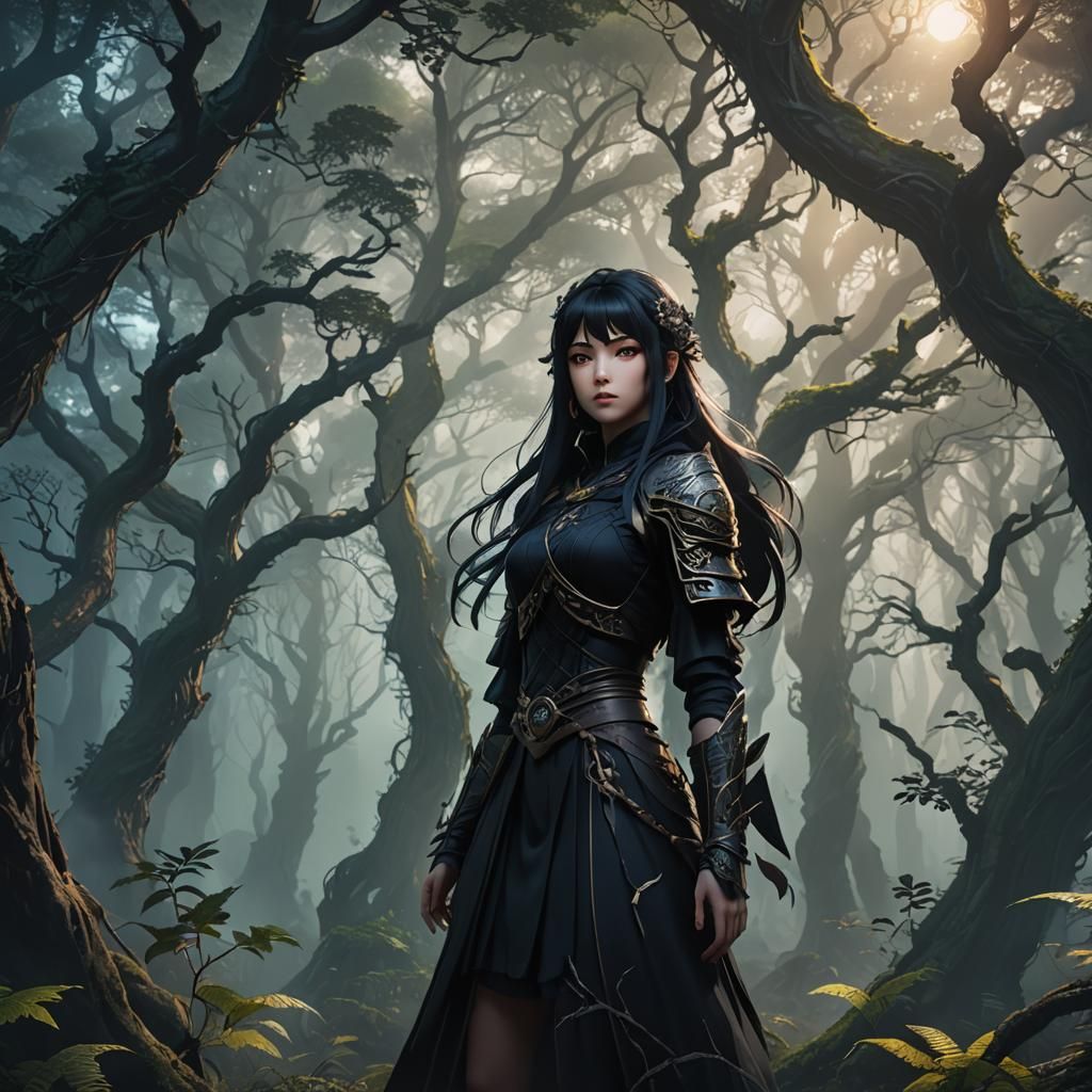 Mystical Dark Fantasy Anime Girl in Ancient Forest