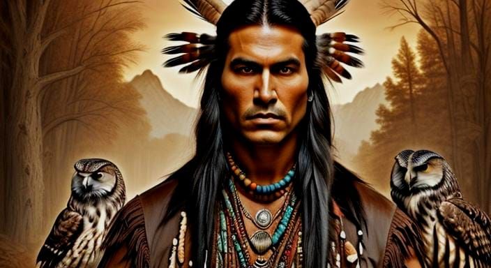 Cherokee Man Portrait with Feather Mohawk