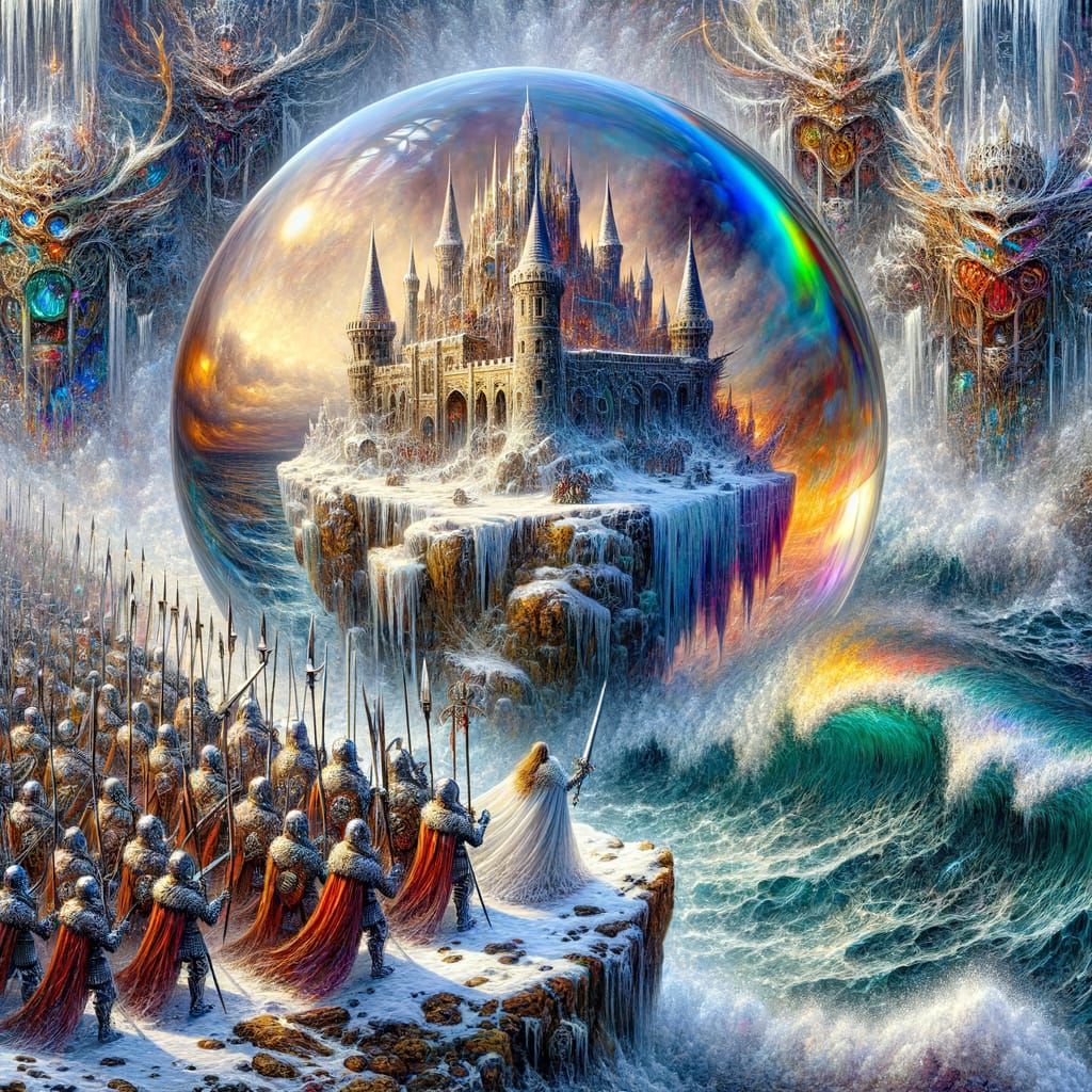 Un castillo atrapado en una roca cubierta de nieve, en los mares tormentosos, unos guerreros con armadura y...