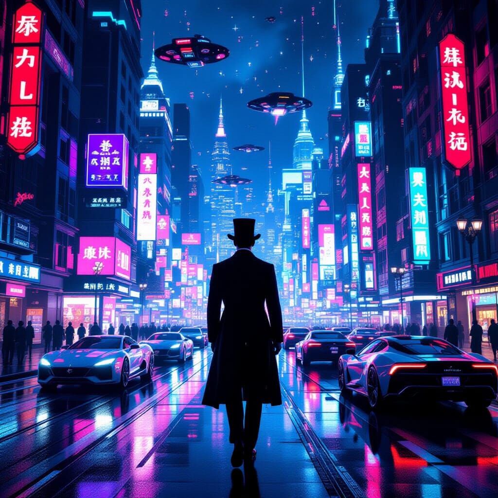 Victorian Gentleman in Cyberpunk Cityscape