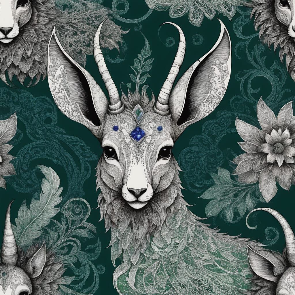 Fantastical Ink Drawing with Oversized Ears and Whimsical Pa...