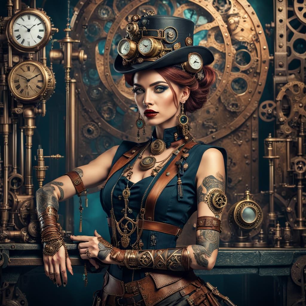 Steampunk Beauty with Tribal Elements in Analog Style
