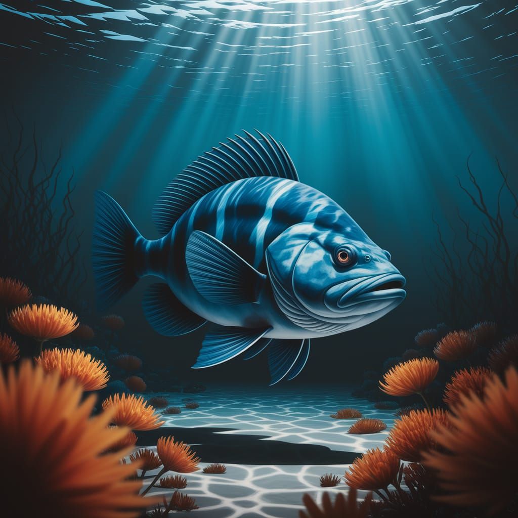 Surreal Underwater Scene with Majestic Blue Fish and Vibrant...