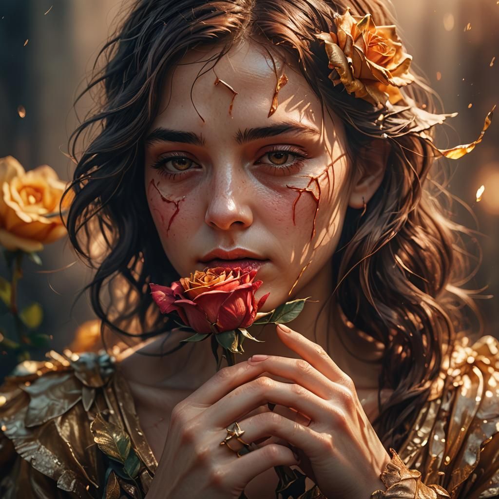 Woman with Wilting Rose: Hyper-Realistic Digital Art