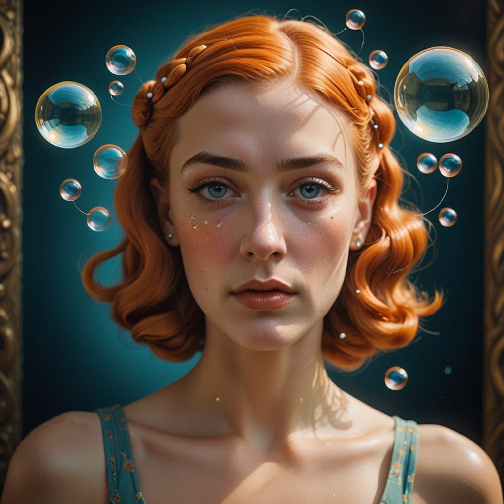 Dreamy Close-up of Woman with Orange Pigtails and Fish Symbo...