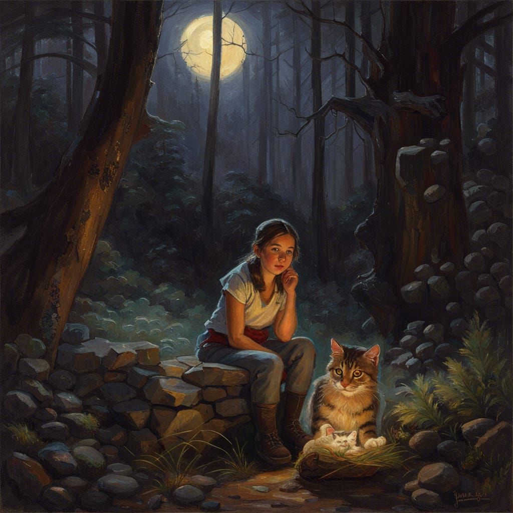 Girl and Cat by Campfire, Oil Painting
