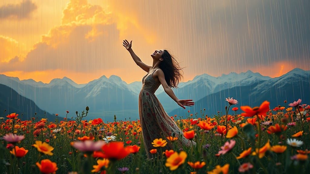 Surreal Garden of Stained Glass Flowers and Light Rain