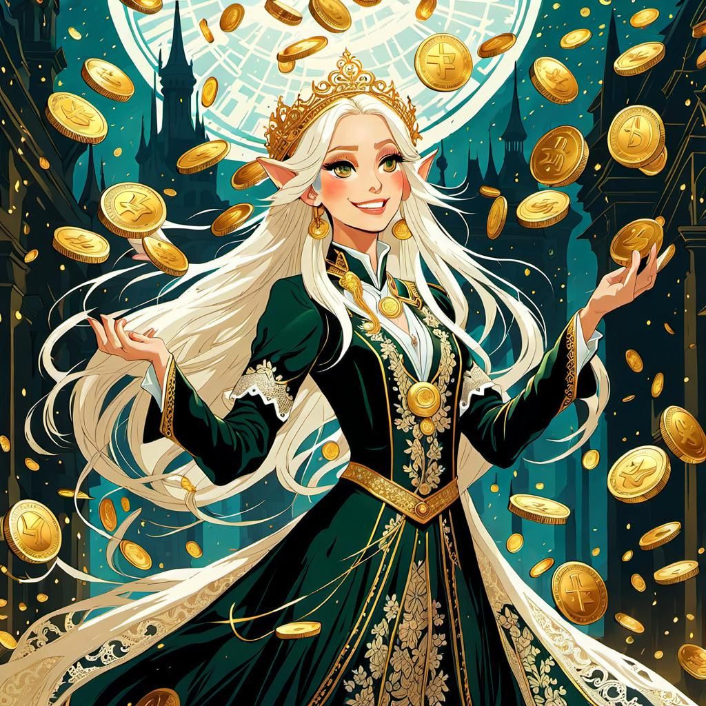 Elegant Elf Queen Scattering Golden Coins
