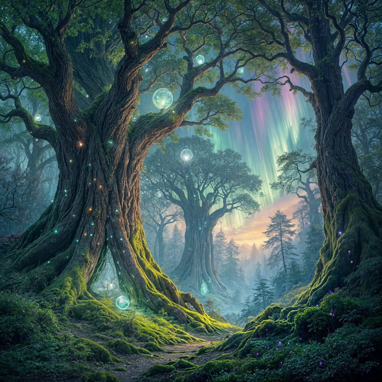 Mystical Forest With Crystalline Trees and Glowing Orbs