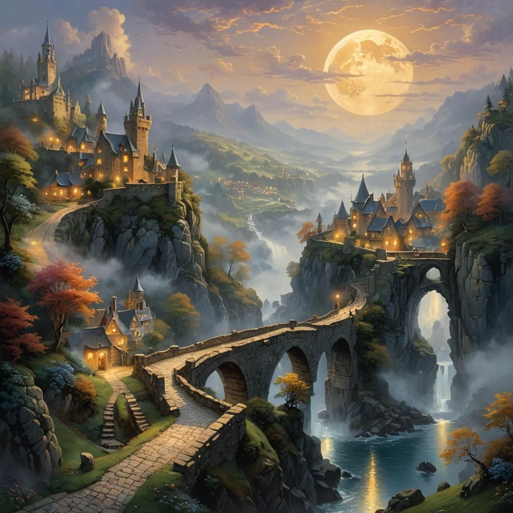 Fantasy Village and Castle Connected by Stone Bridge