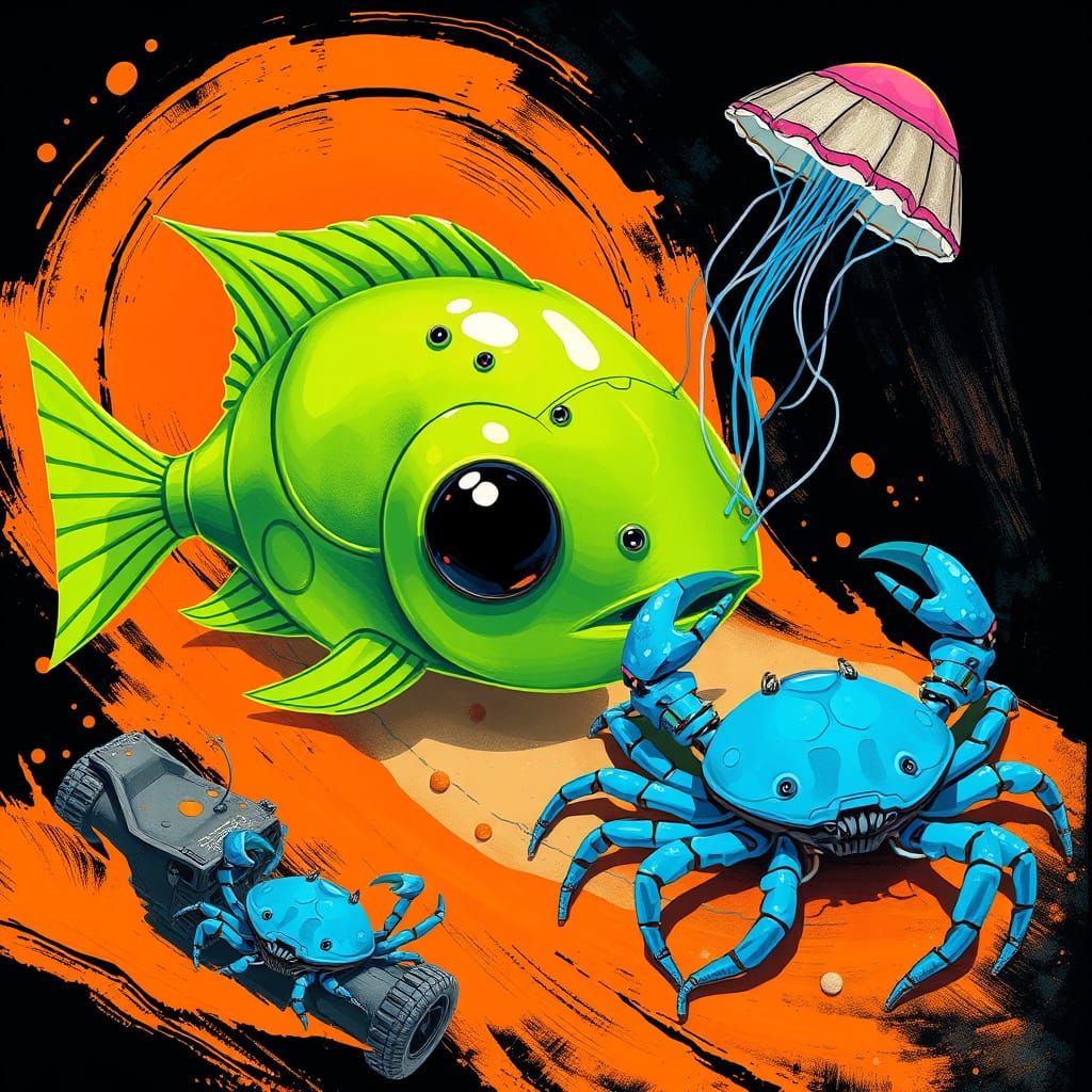 Robotic Alien Fish on Tropical Beach in Neon Style