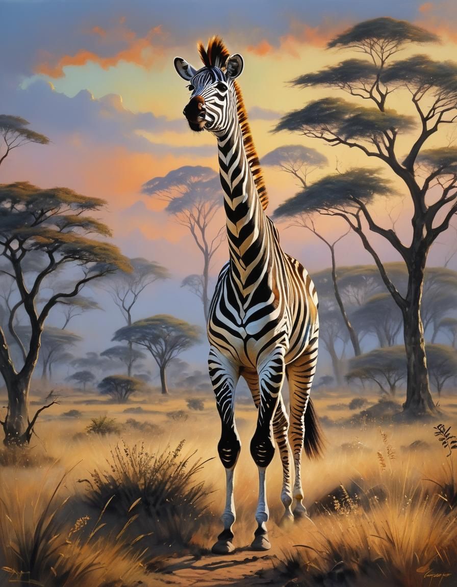 Giraffe with Zebra Stripes, in a Realistic Oil Painting Styl...
