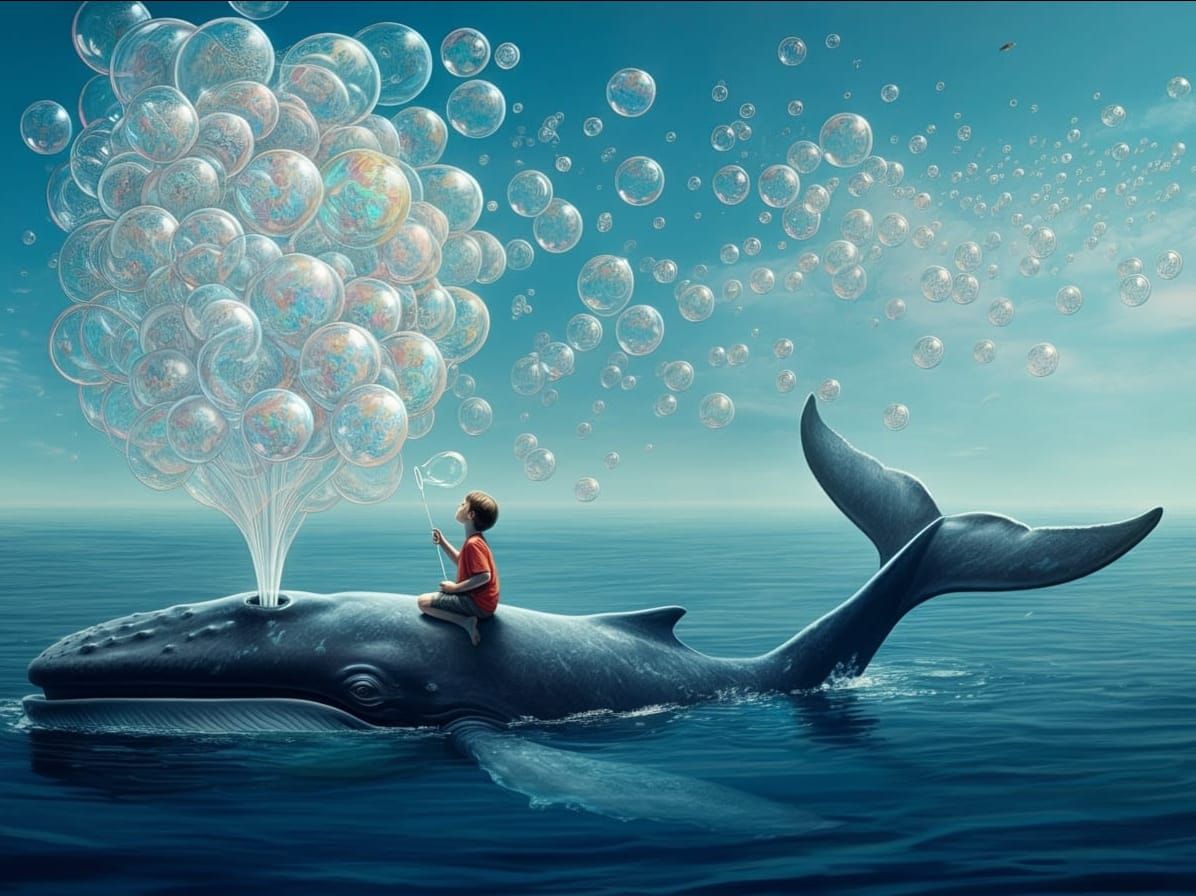 Boy on Whale Blows Soap Bubbles: Surreal Illustration