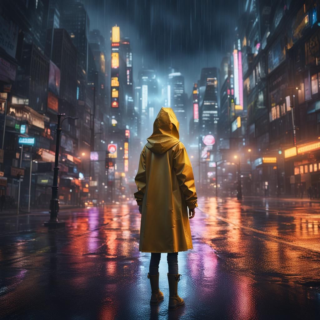 Rainy Night City: Girl in Reflective Raincoat