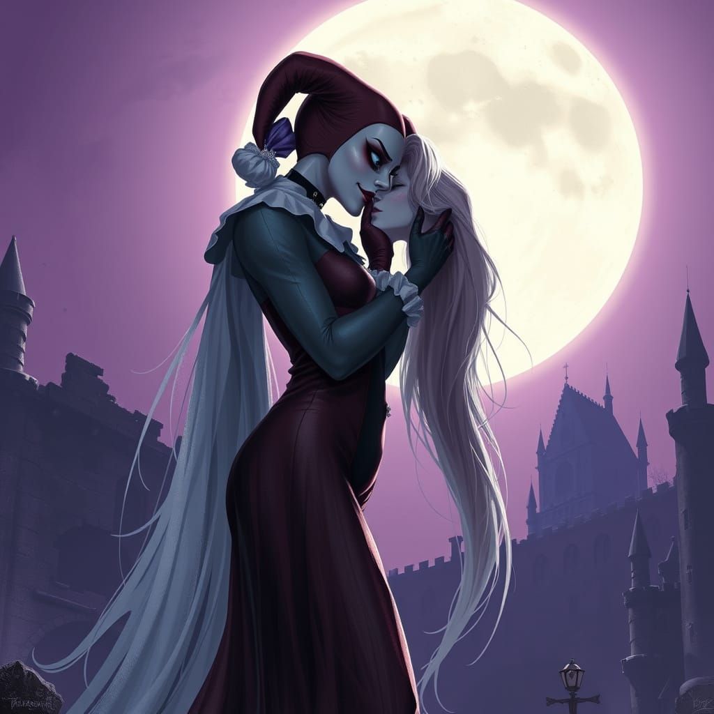 Ghostly Harley Quinn Kisses Spectral Rapunzel in Haunted Cas...
