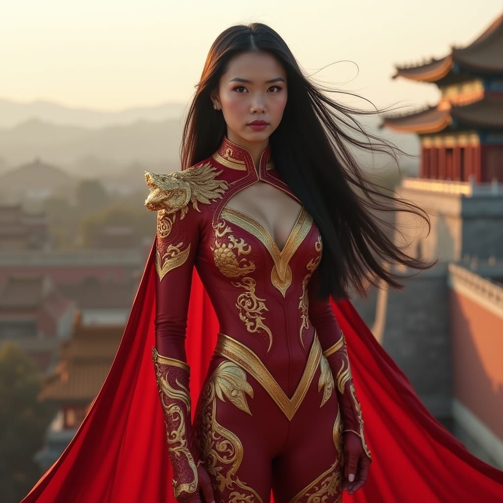 Chinese Superheroine Overlooks Beijing in Dramatic Lighting