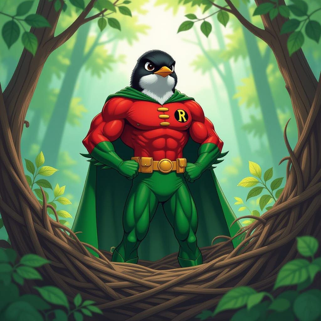 Robin the Boy Wonder in Lush Forest Nest