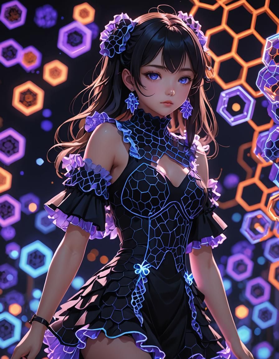 Neon Anime Character in Ruffle Dress, 3D Art