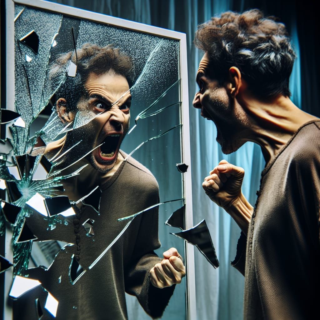 Enraged Woman Confronts Broken Reflection in a Fury of Resen...
